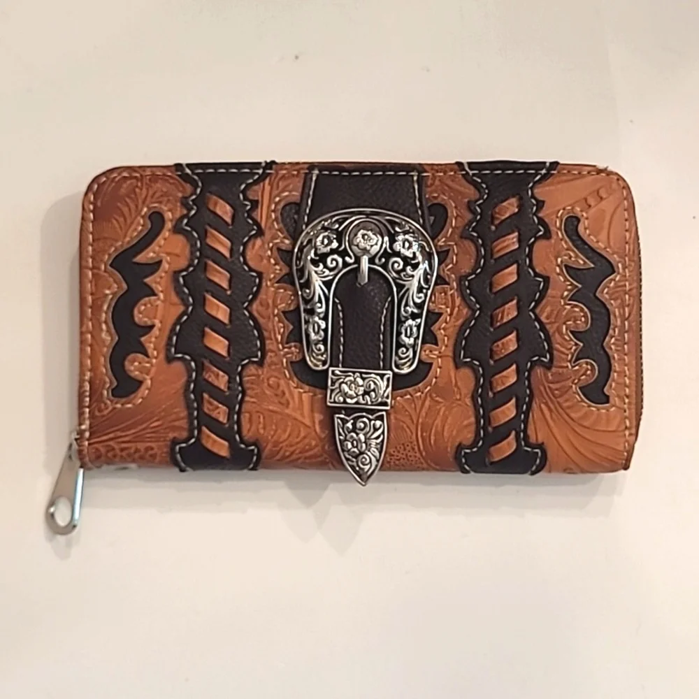Zip Around Western Wallet Mini Clutch Laser Engraved PU Leather Floral Tooling